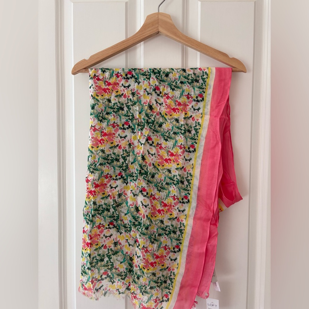 NWT, Loft Pink & Green  Floral Sarong Scarf, Wrap w/ Pink Border  28” x 76”